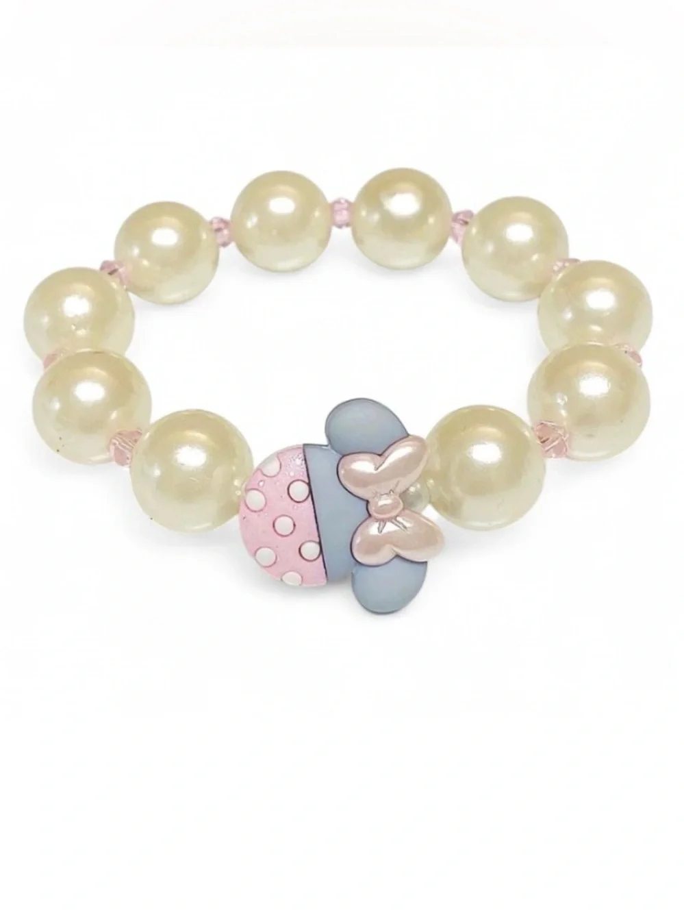 Handmade Girls Minnie Mouse Inspired Pink Pearl Bracelet Crystal Charm Cute
